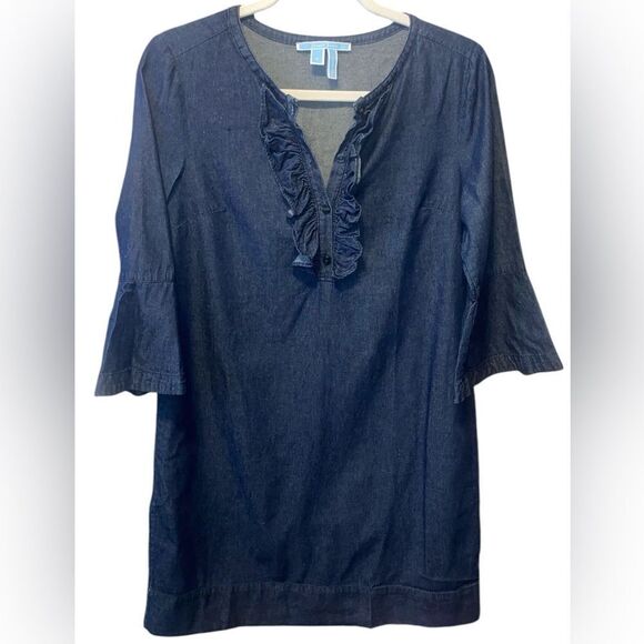 Draper James Wm’s Sz 4 Indigo Dark Wash Chambray Denim Shift Ruffle Dress - Picture 1 of 5